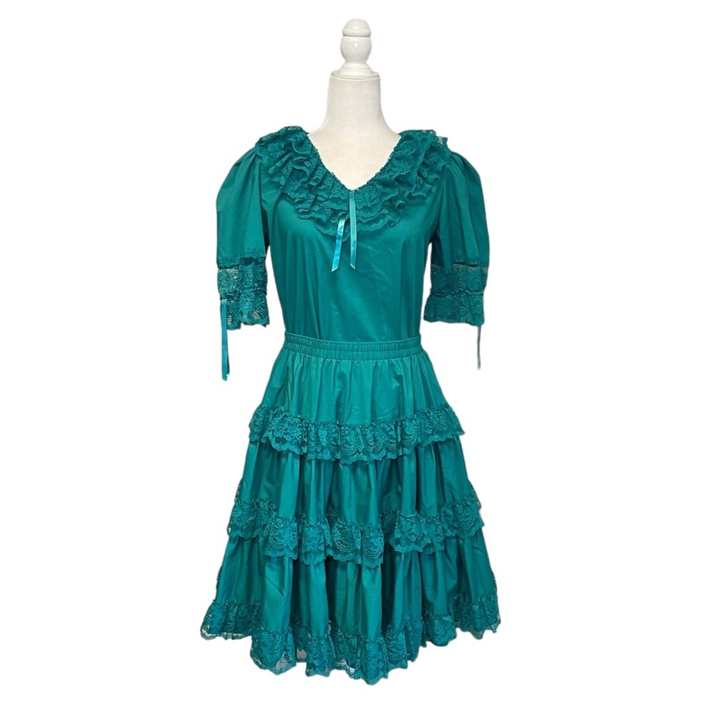 Partners Please by Malco Modes Teal Ruffle Blouse Skirt Set Small